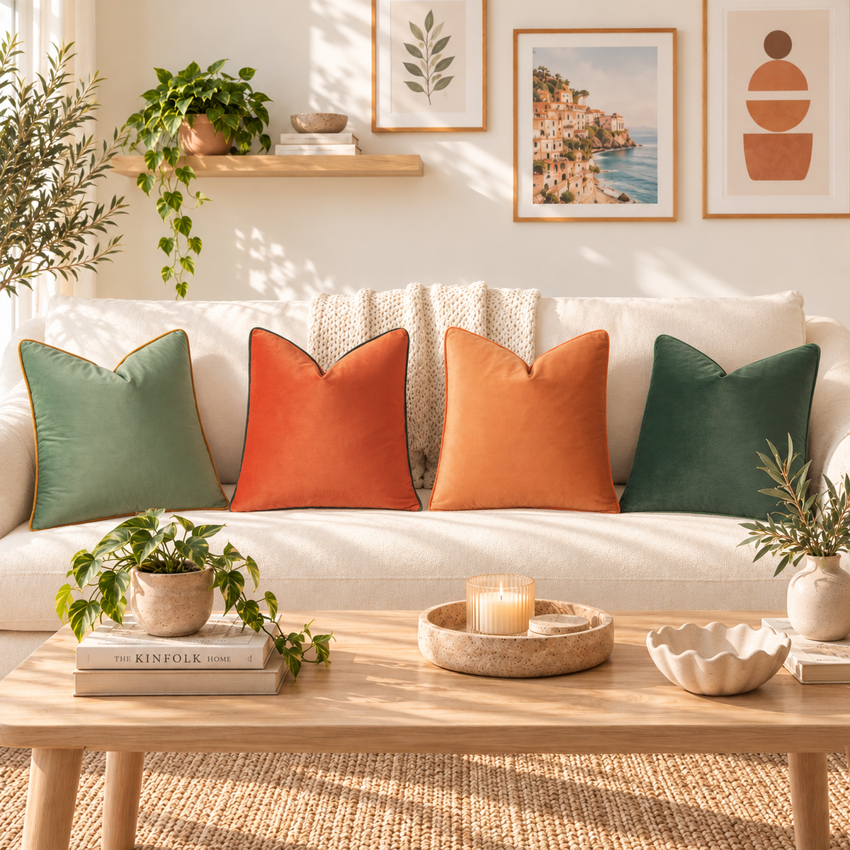 velvet piping decorative throw pillow covers coral sage green orange