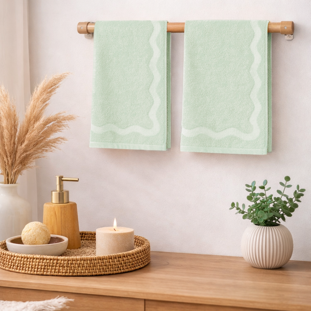 Two green towels hanging on a wooden towel rack with decorative items on a wooden surface.