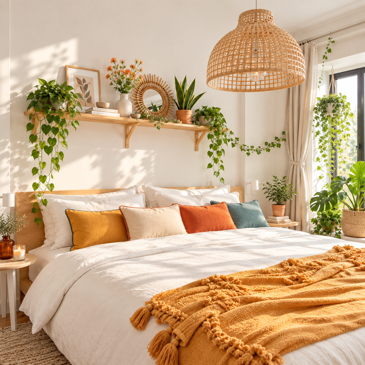 A cozy, sunlit bedroom featuring a bed dressed in white bedding with mustard yellow, cream, orange, and teal accent pillows, topped with a mustard yellow knit throw blanket. The room is decorated with a woven rattan pendant light, wooden floating shelves with plants, and a large window with sheer curtains.