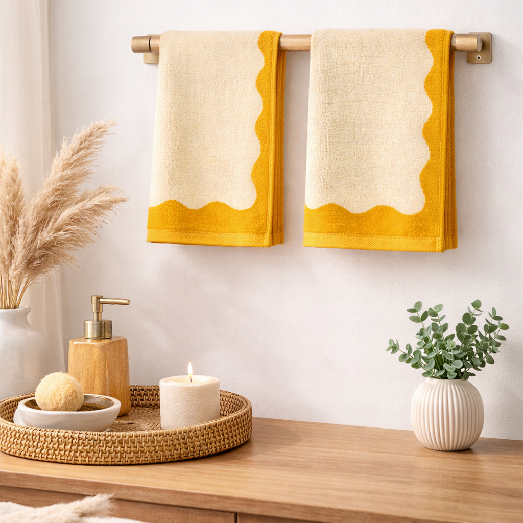 Two towels with yellow accents hanging on a rack above a wooden surface with decorative items.