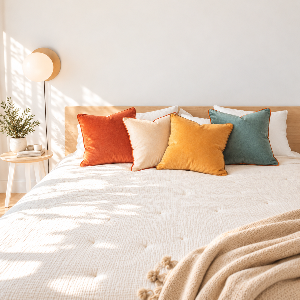 A styled bedroom scene with a bed made up with four decorative throw pillows in orange, cream, mustard yellow, and teal, set against a white wall with a floor lamp and side table.