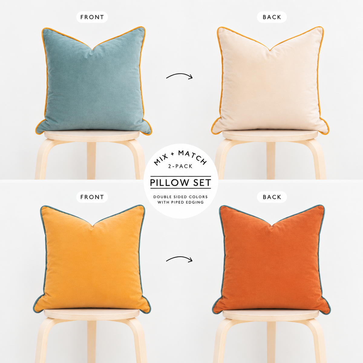 A 2-pack pillow set shown in a four-panel grid, with front and back views of two square pillows on light wood chairs. The top-left pillow is teal with mustard trim, and the top-right is cream with mustard trim.
