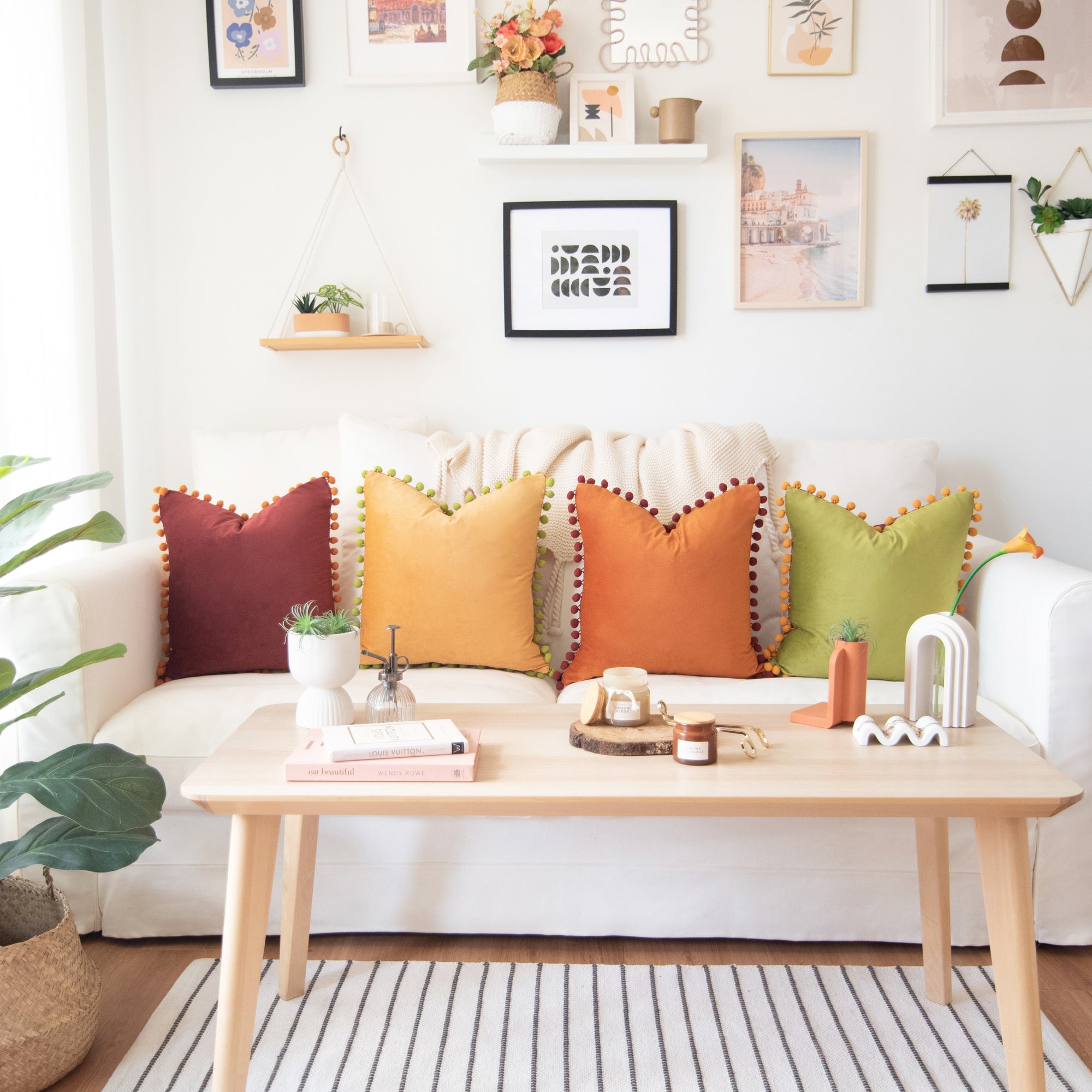 pom pom trim orange plum olive green yellow decorative throw pillow covers velvet soft