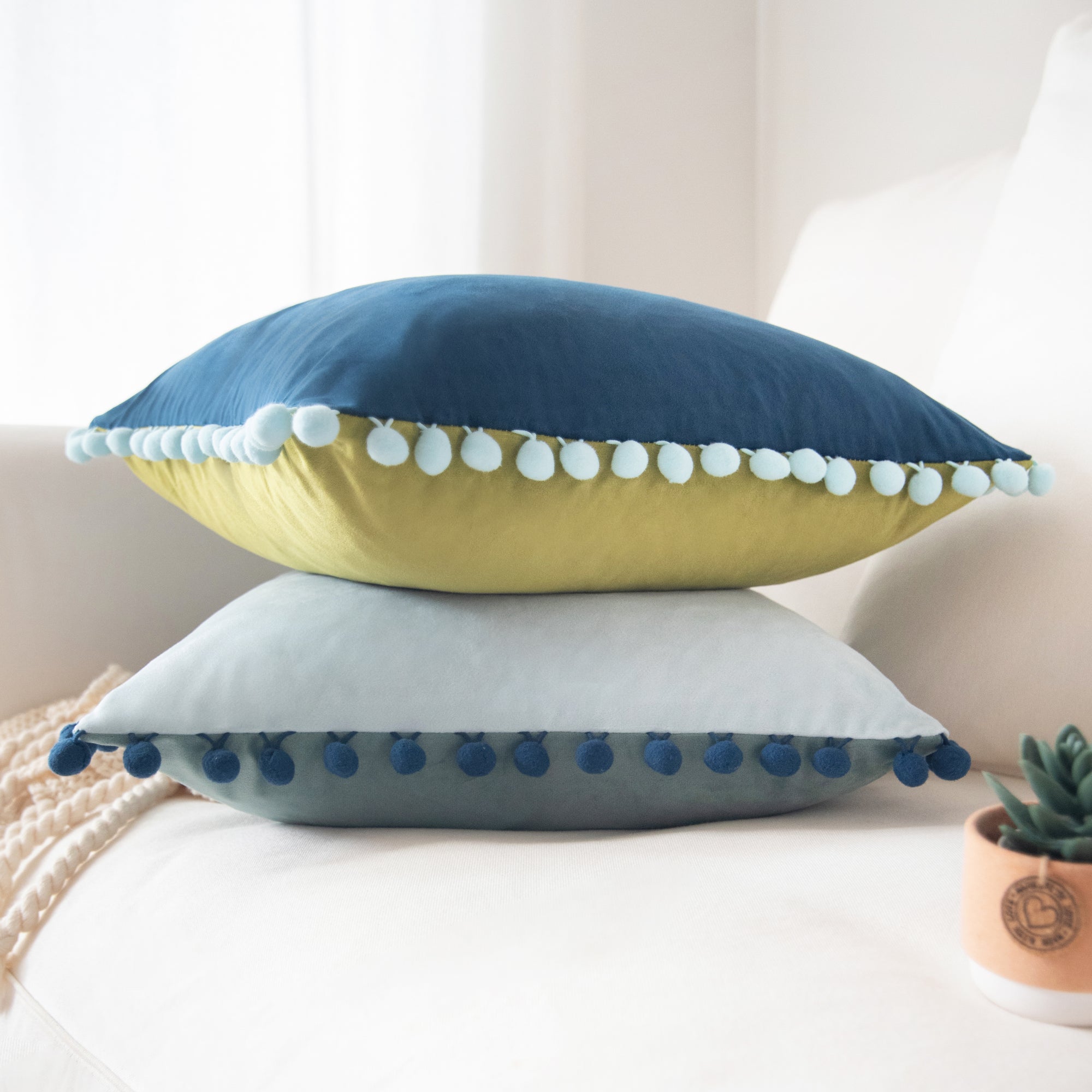 pom pom trim green blue  decorative throw pillow covers velvet