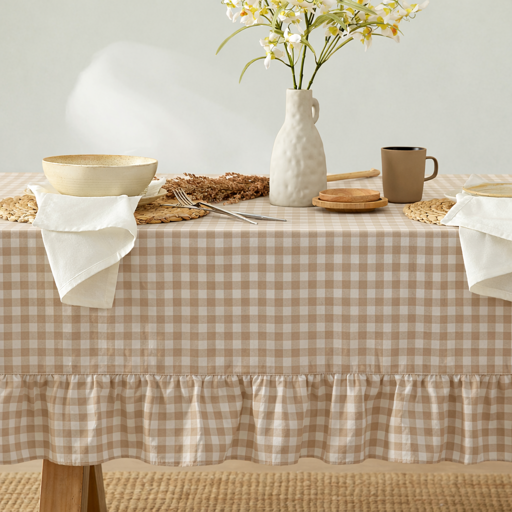 Table setting with a checkered tablecloth, ceramic vase, and plates.
