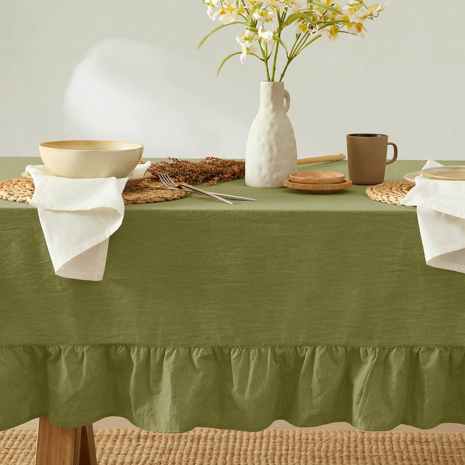 olive green stonewashed cotton tablecloth dining table