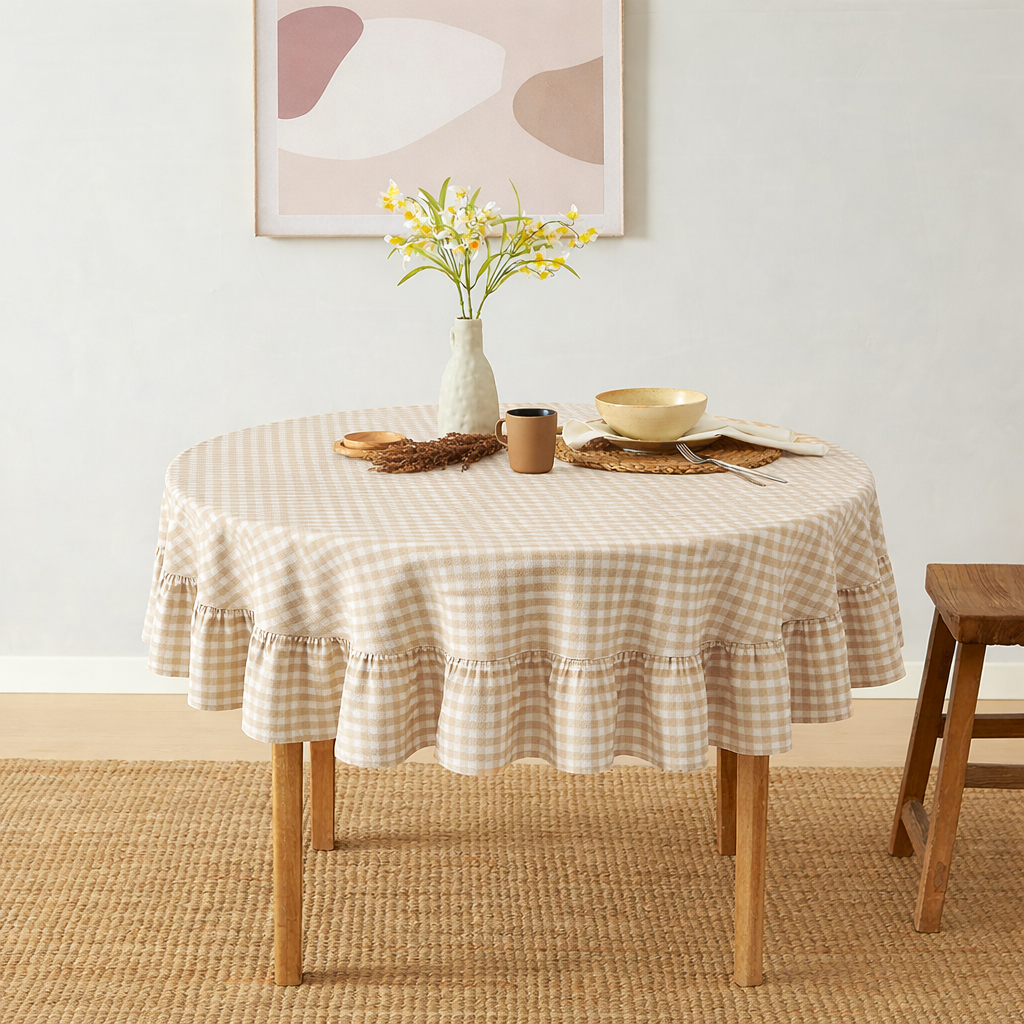 Round table with a checkered tablecloth in a room with a abstract painting on the wall.