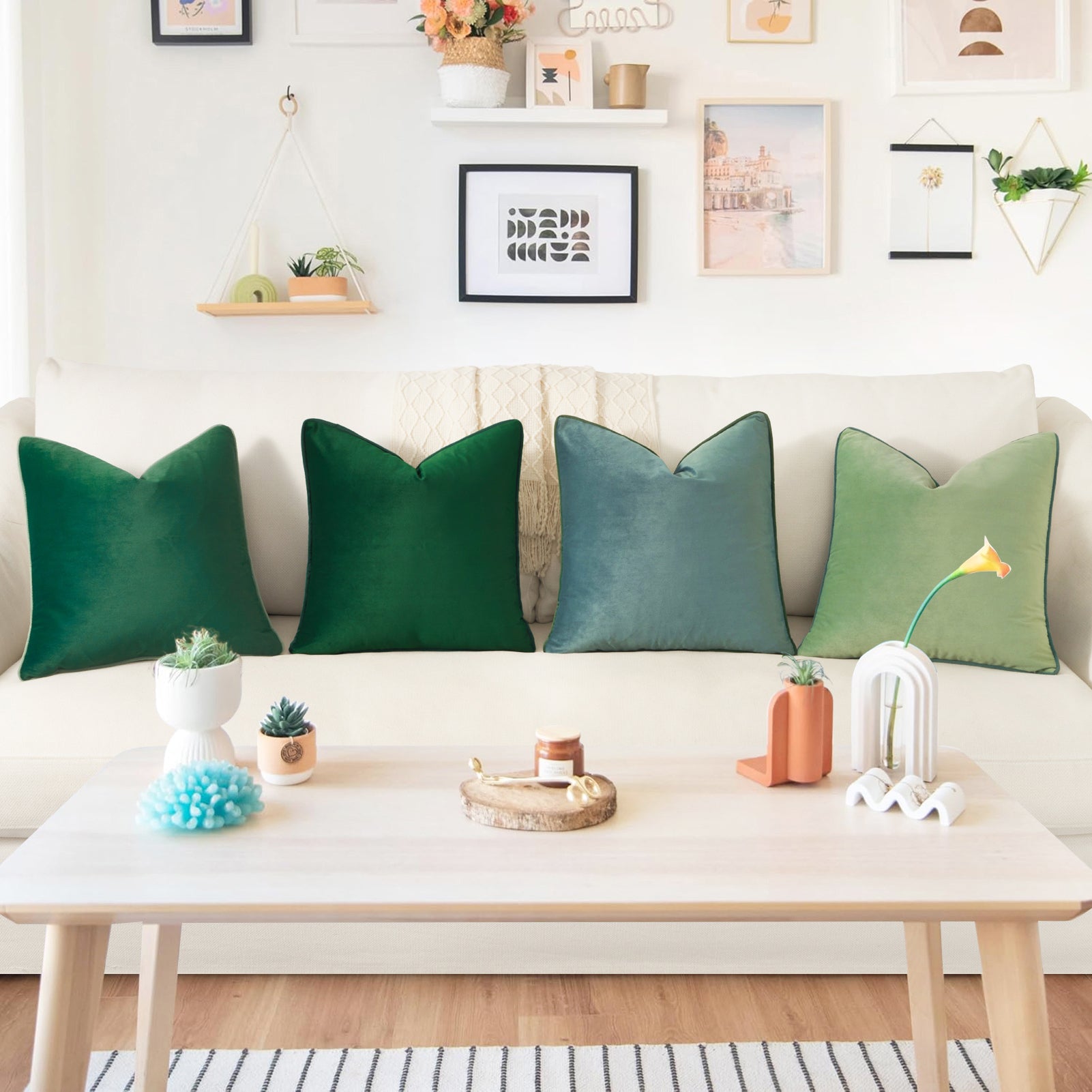 Living room with a white sofa featuring green pillows, a wooden coffee table with decorative items, and a shelf with plants and decor.