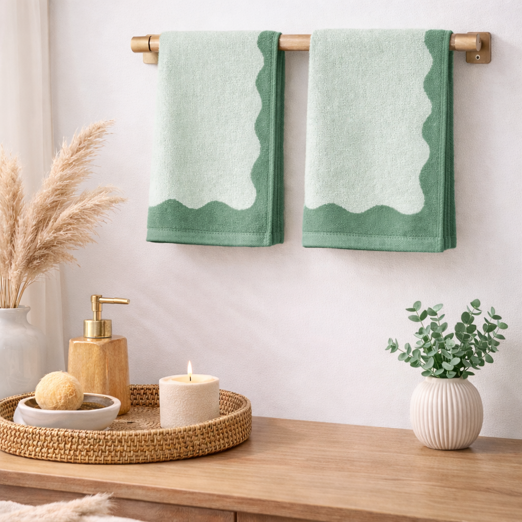 Green towels hanging on a rack above a wooden surface with decorative items.