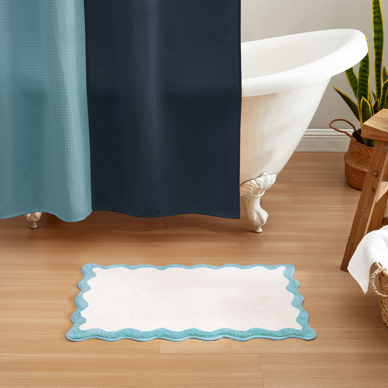 bath mat sky blue scalloped wavy edge