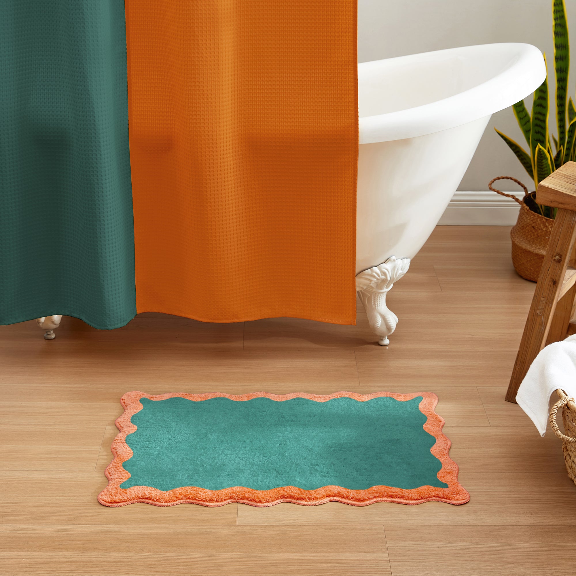 bath mat teal peach scalloped wavy edge