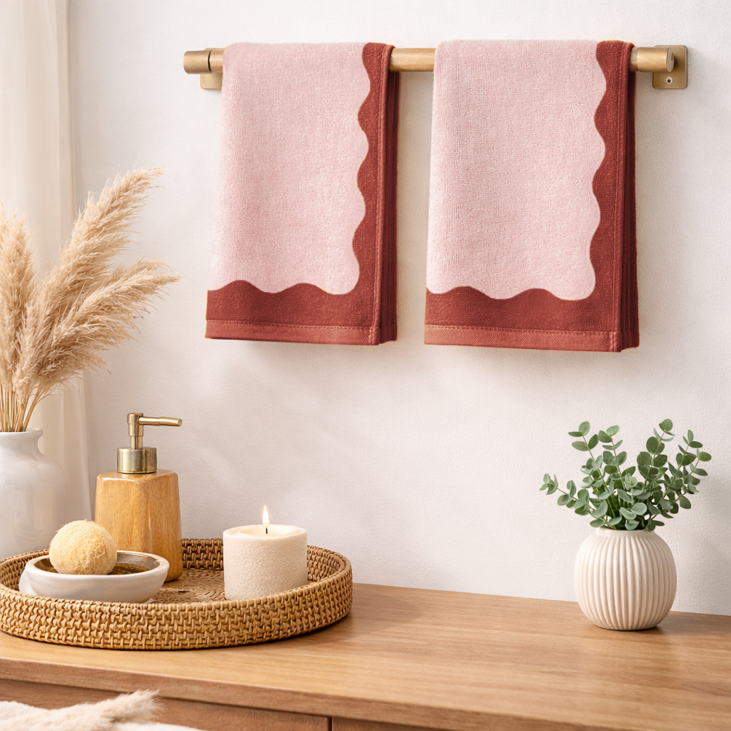 Bathroom setting with pink and red towels hanging on a rack, a candle, soap, and a plant on a wooden surface.