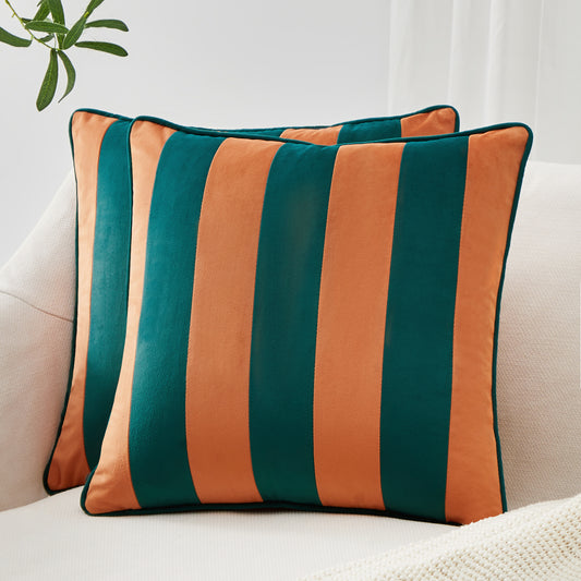 striped velvet pillows set of two coral dark teal