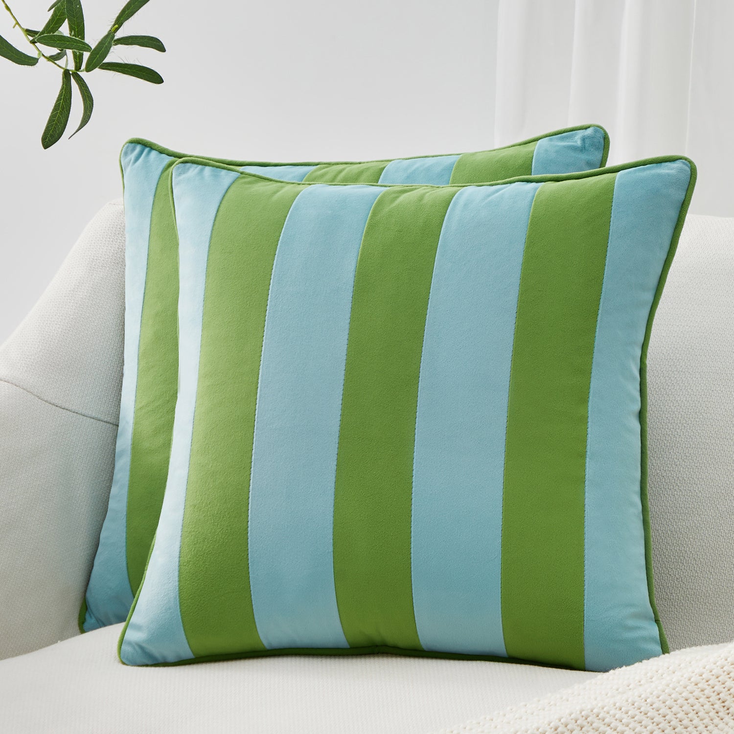 striped velvet pillows set of two light green light blue