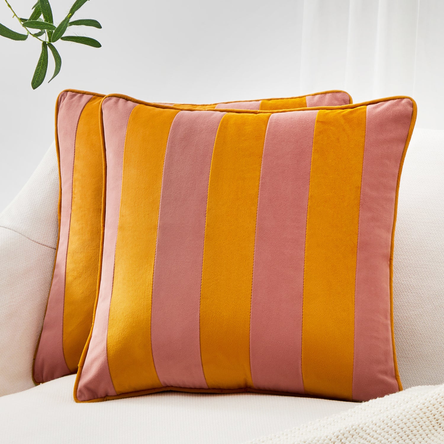 striped velvet pillows set of two pink yellow