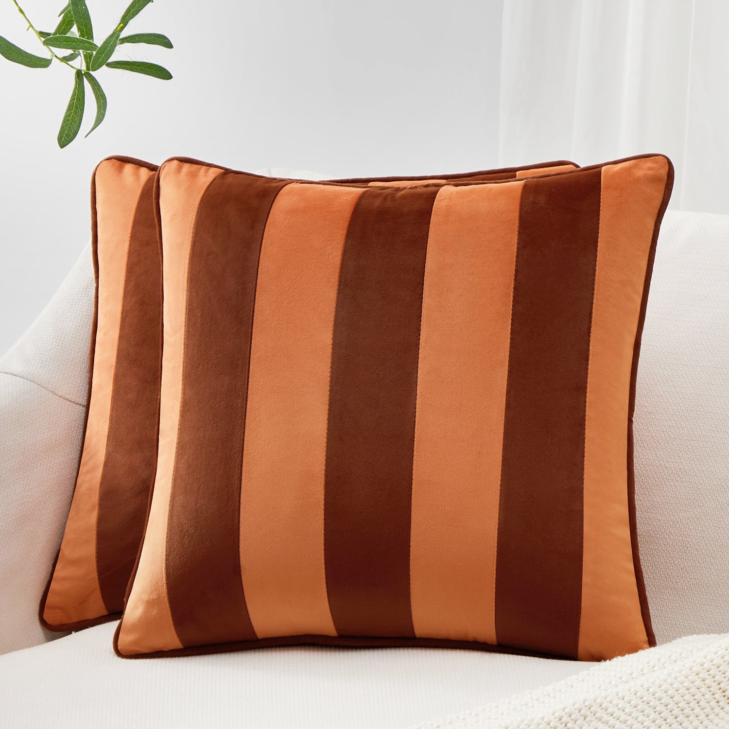 striped velvet pillows set of two rust coral