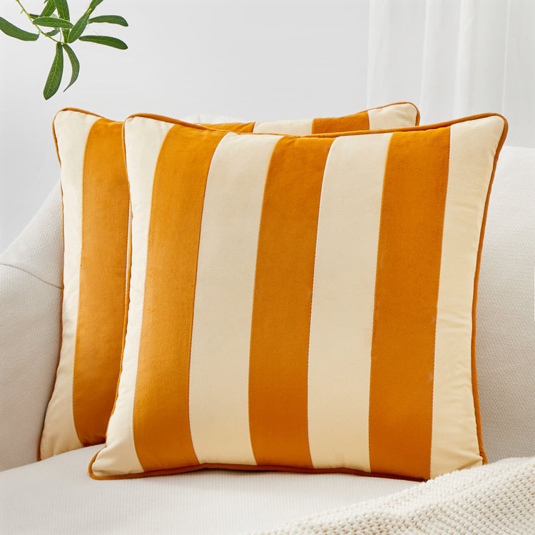 striped velvet pillows set of two yellow cream