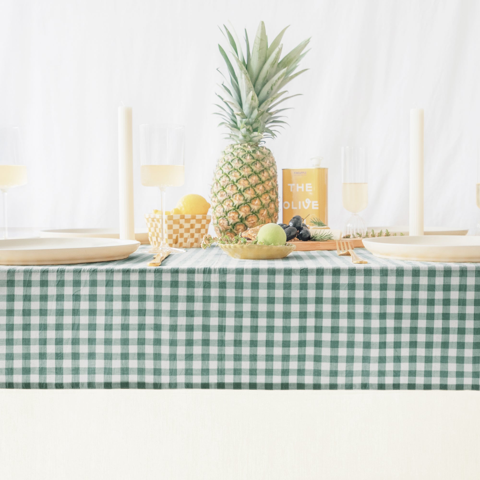 stonewashed cotton tablecloth gingham green white