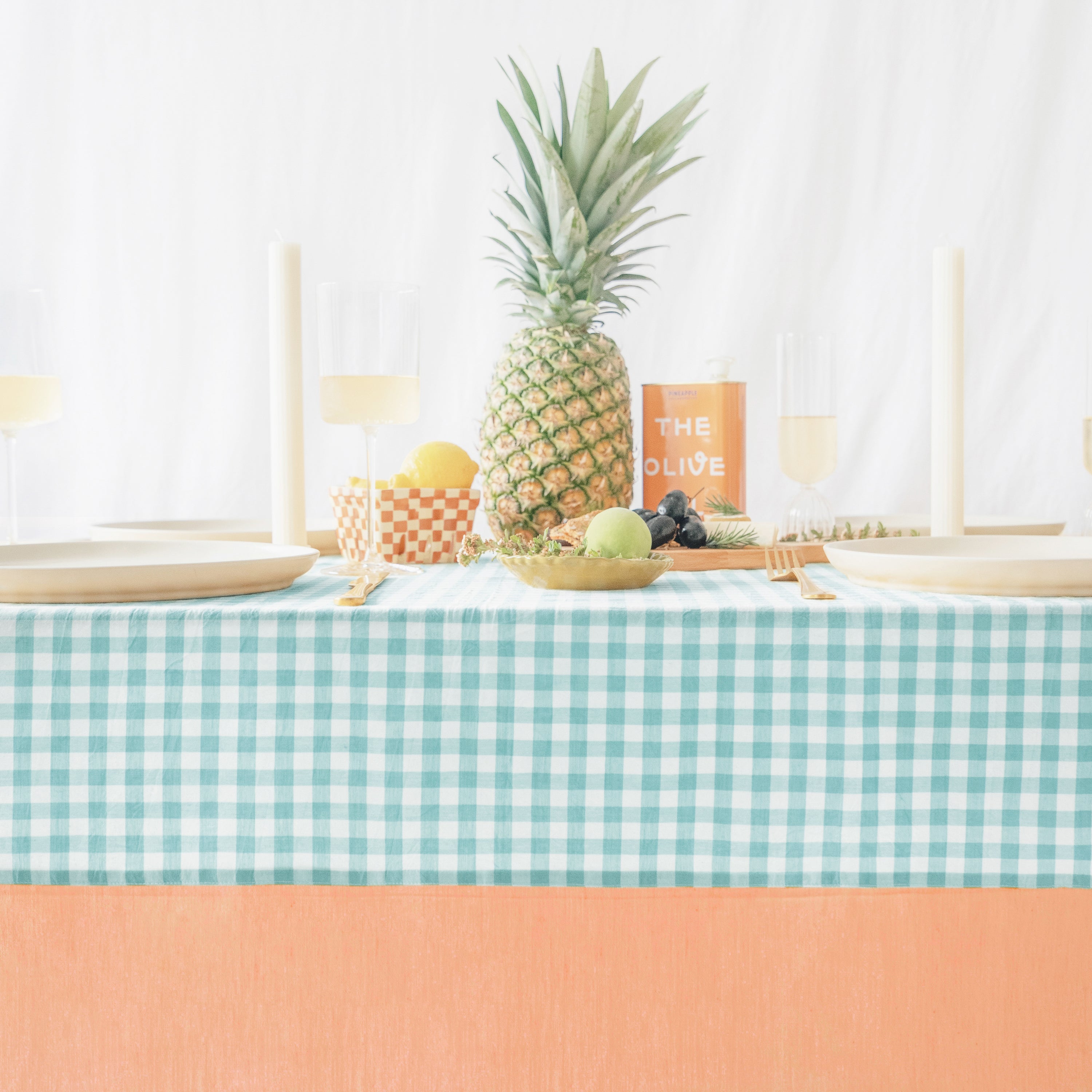 tablecloth gingham plaid buffalo checkered cotton stonewashed teal orange white rectangle