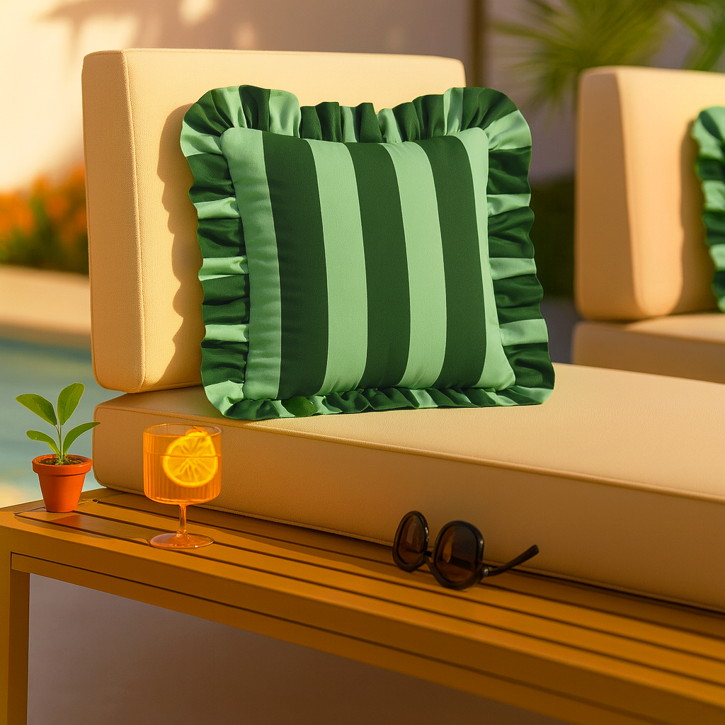 Green striped pillow on a beige outdoor chair with a glass of orange juice and sunglasses on a wooden table.