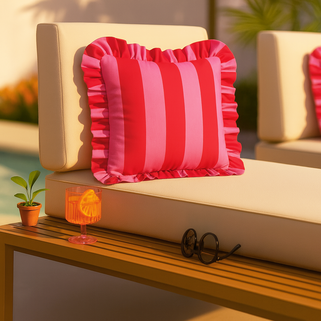 Pink and red striped pillow on a beige outdoor sofa with a drink and sunglasses on a wooden table.