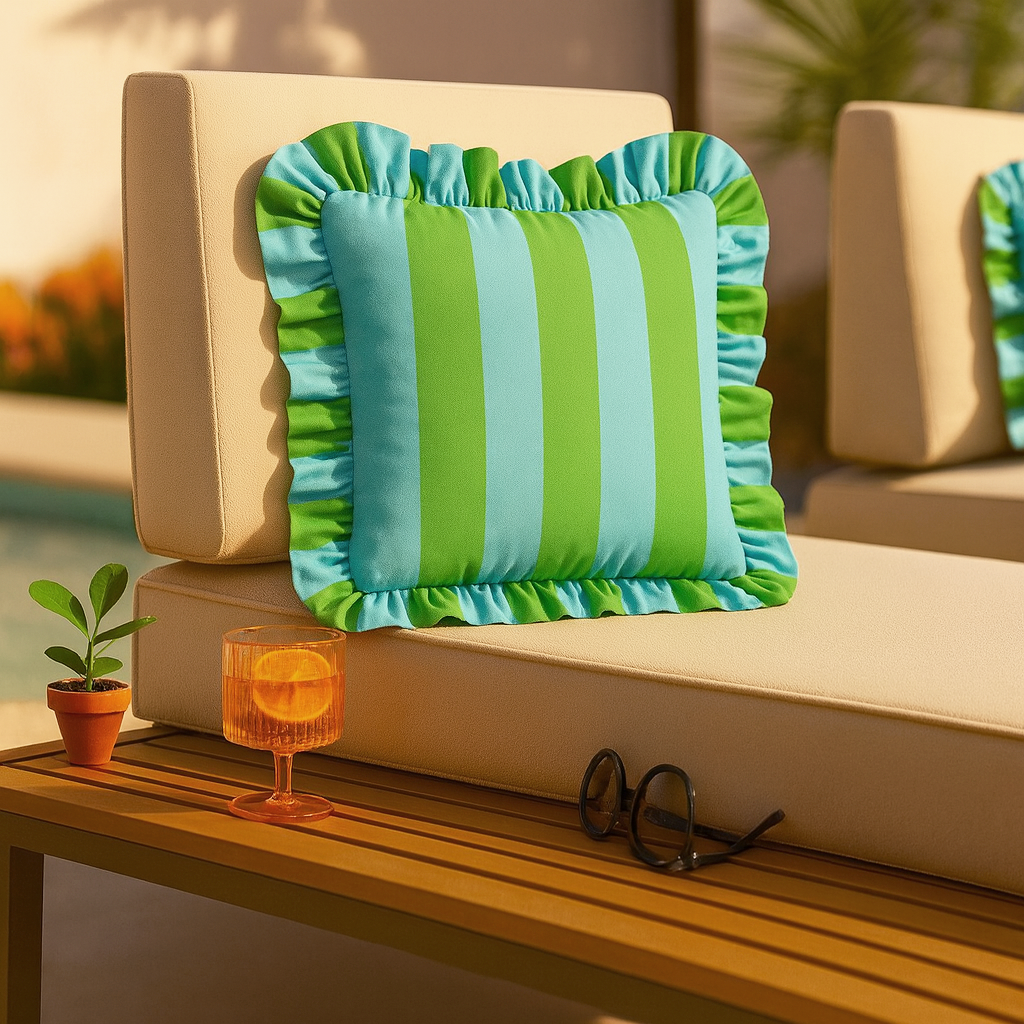 Striped green and blue pillow on a beige outdoor sofa with a drink and plant.