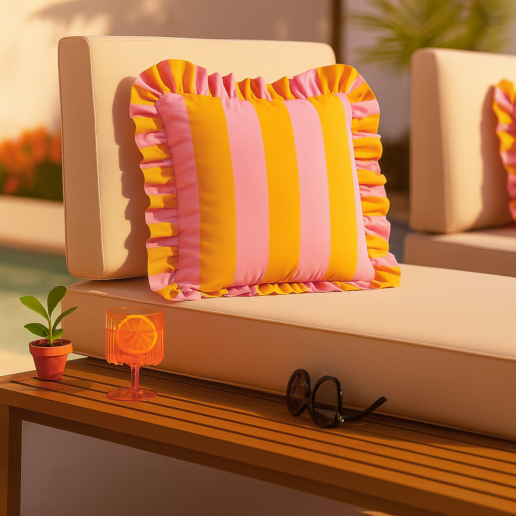 Colorful striped pillow on a beige sofa with a wooden side table and decorative items.
