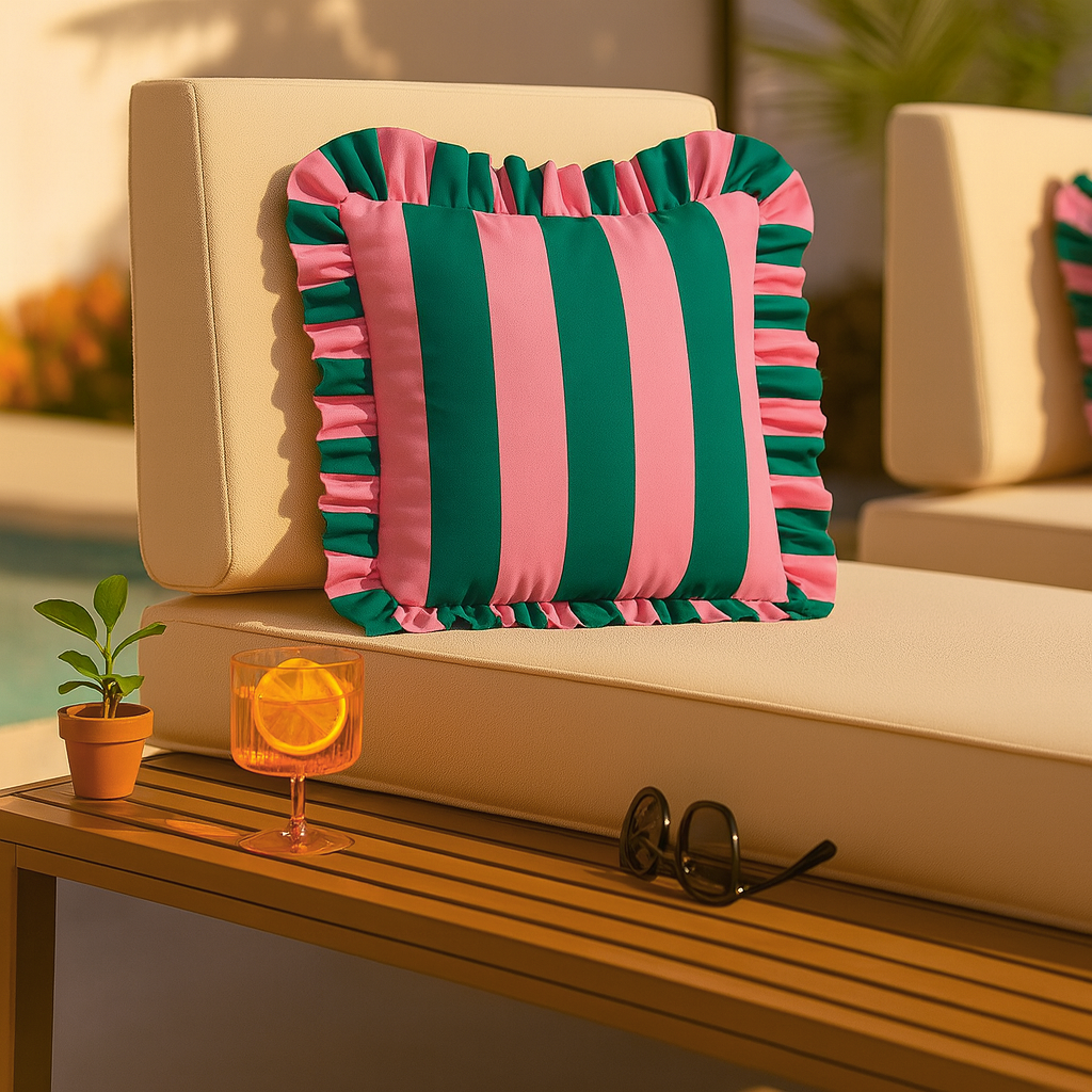 Decorative pillow with pink and green stripes on a beige outdoor sofa with a drink and sunglasses.