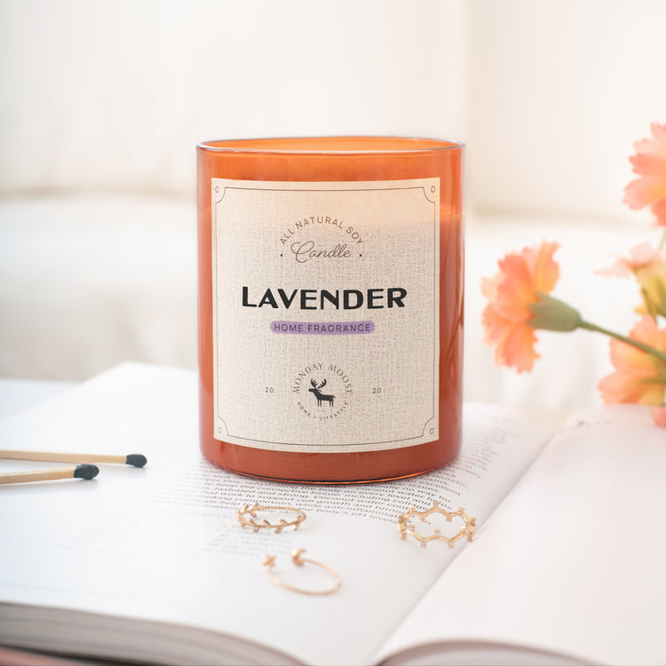 soy wax candle amber jar lavender