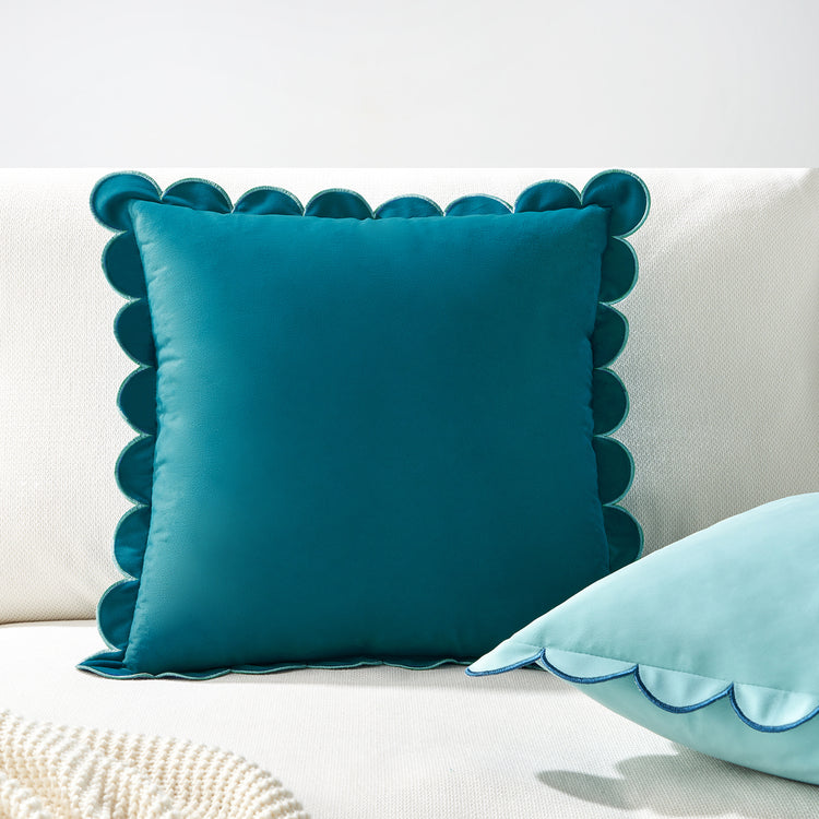 scalloped edge velvet pillows set of two  blue light blue