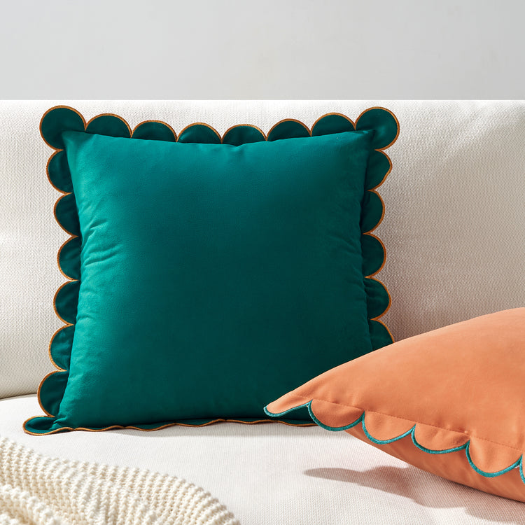 scalloped edge velvet pillows set of two coral dark teal