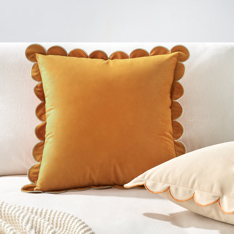 scalloped edge velvet pillows set of two yellow cream