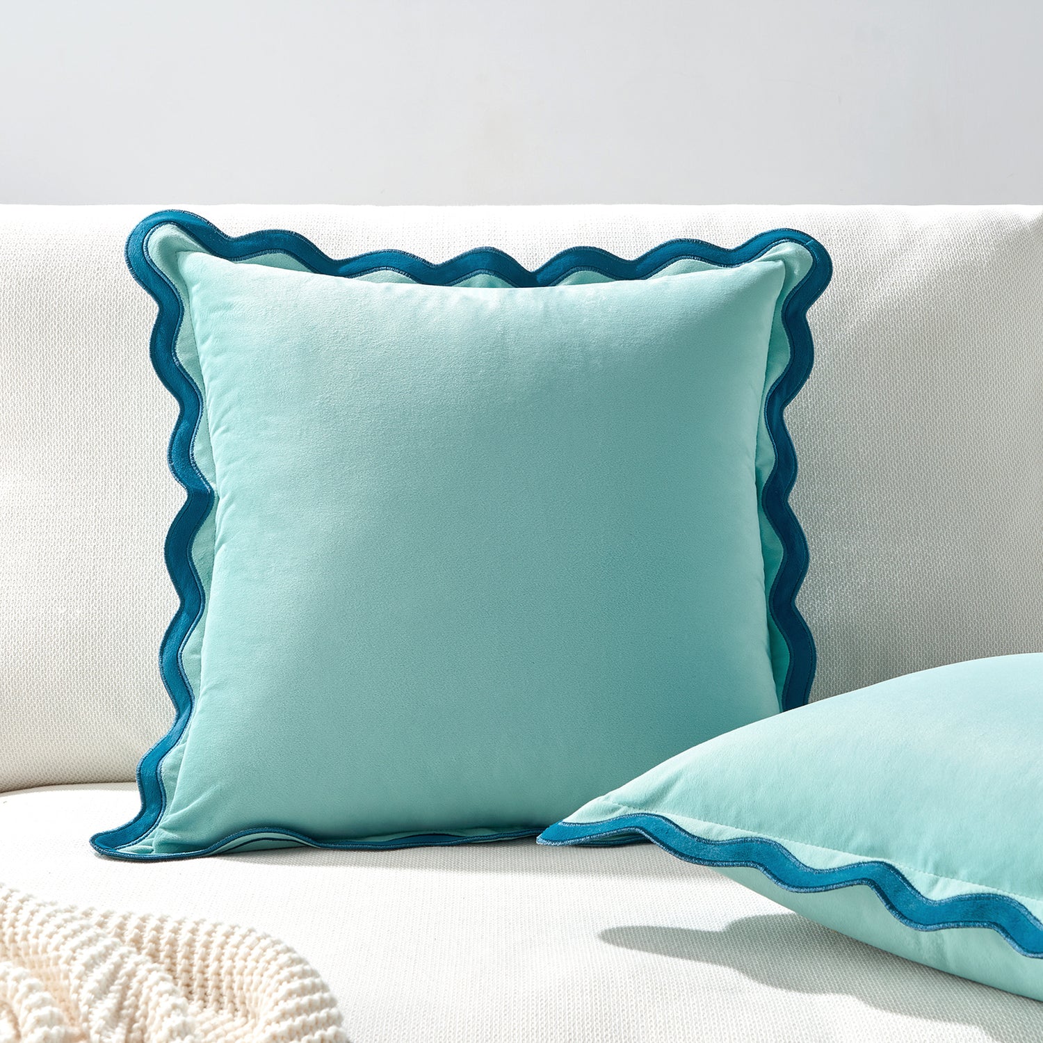 scalloped edge velvet pillows set of two blue light blue