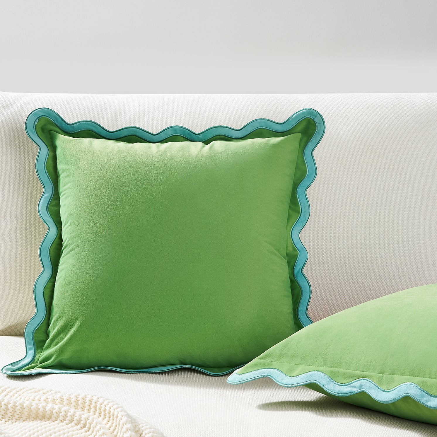 scalloped edge velvet pillows set of two light blue light green