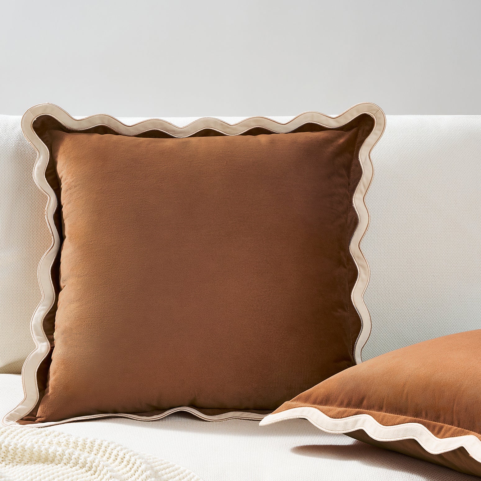 scalloped edge velvet pillows set of two beige brown