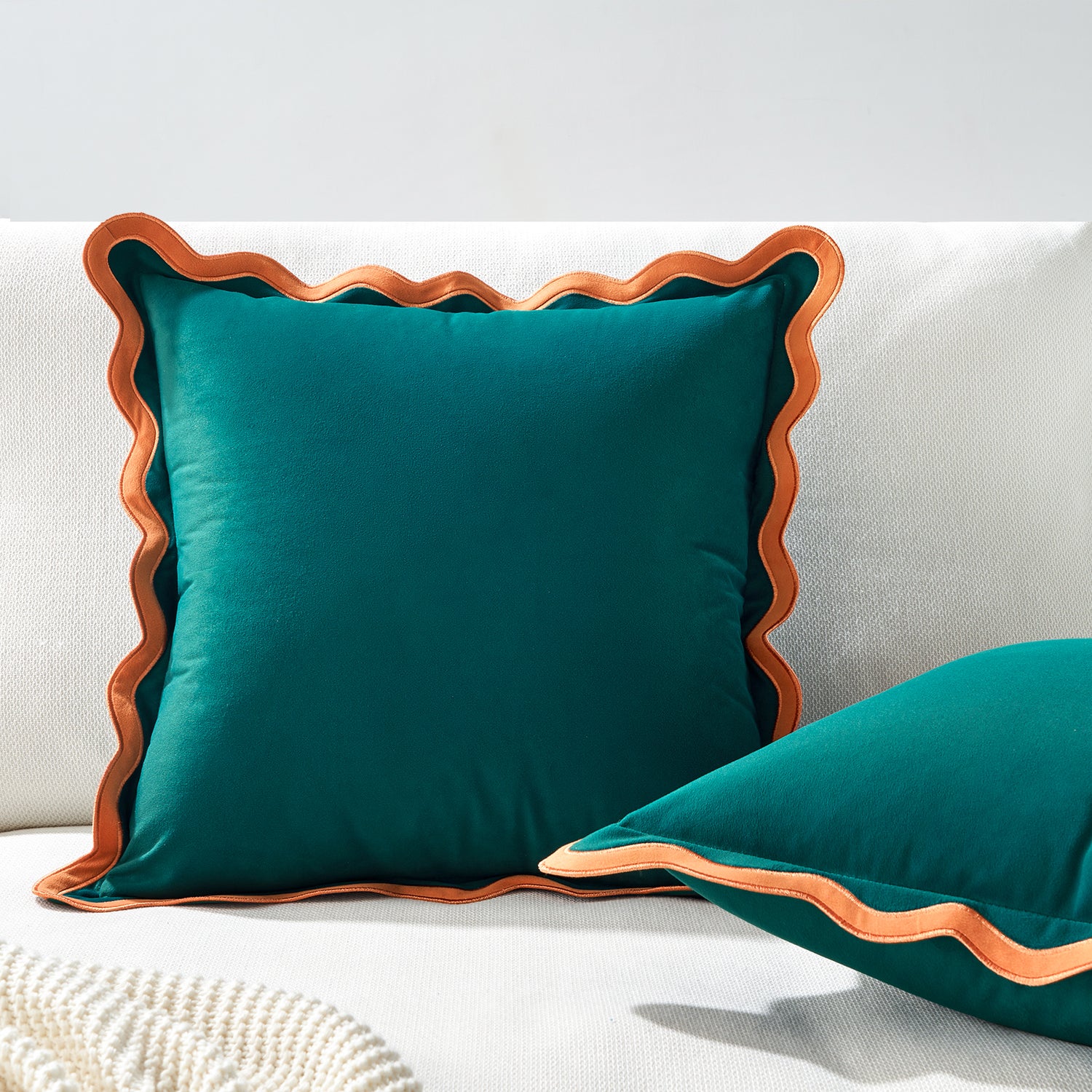 scalloped edge velvet pillows set of two coral dark teal