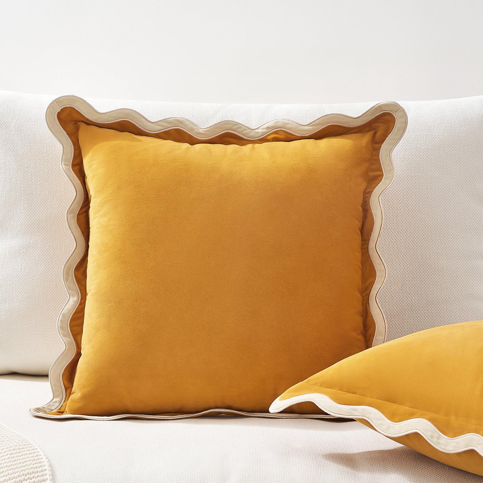 scalloped edge velvet pillows set of two cream yellow