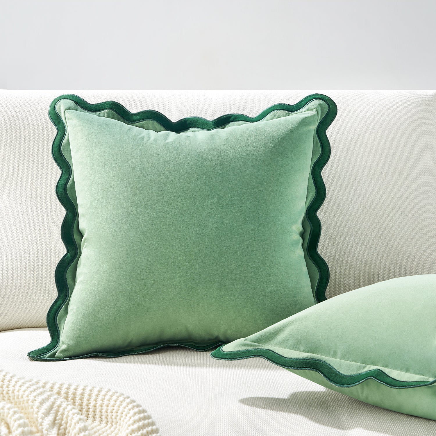 scalloped edge velvet pillows set of two green light green