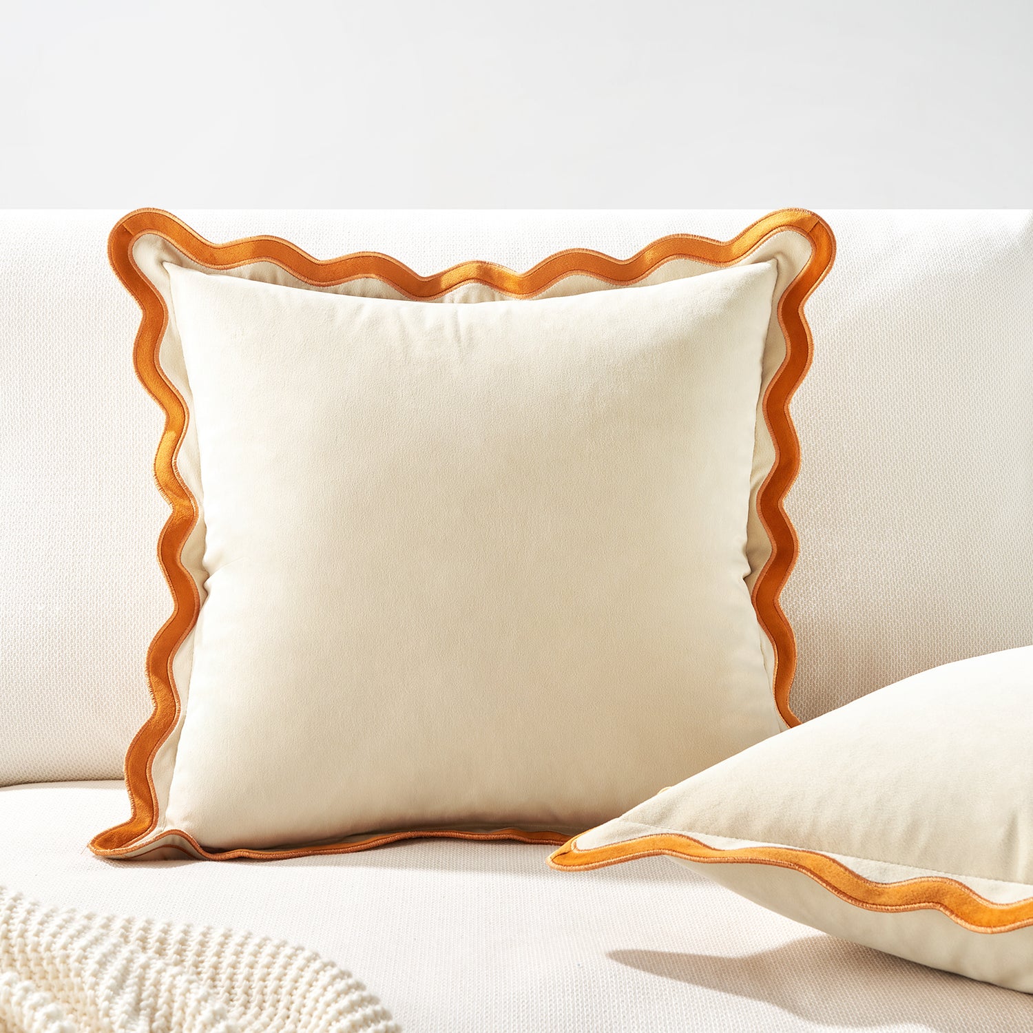 scalloped edge velvet pillows set of two yellow cream