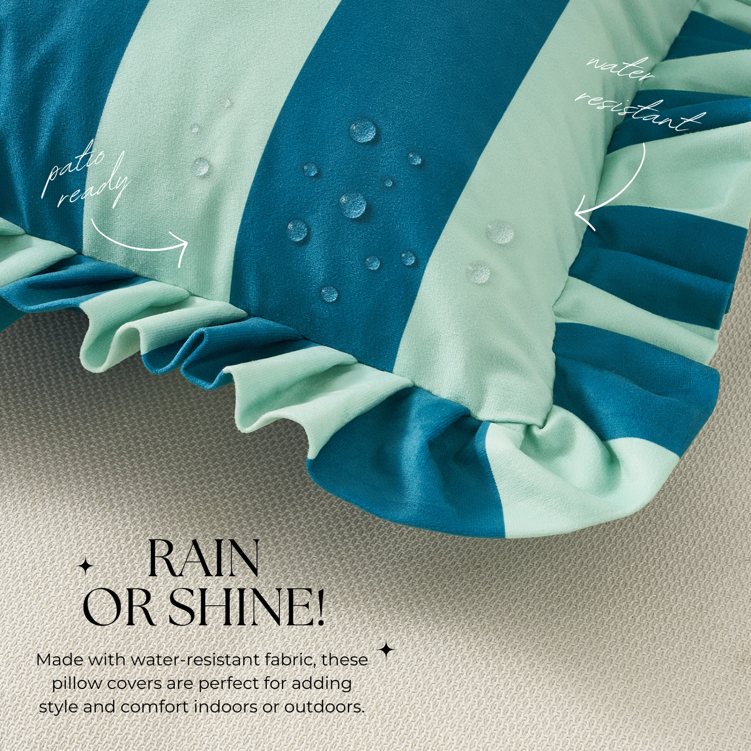 Blue and green striped pillow cover with water droplets and text on a beige background