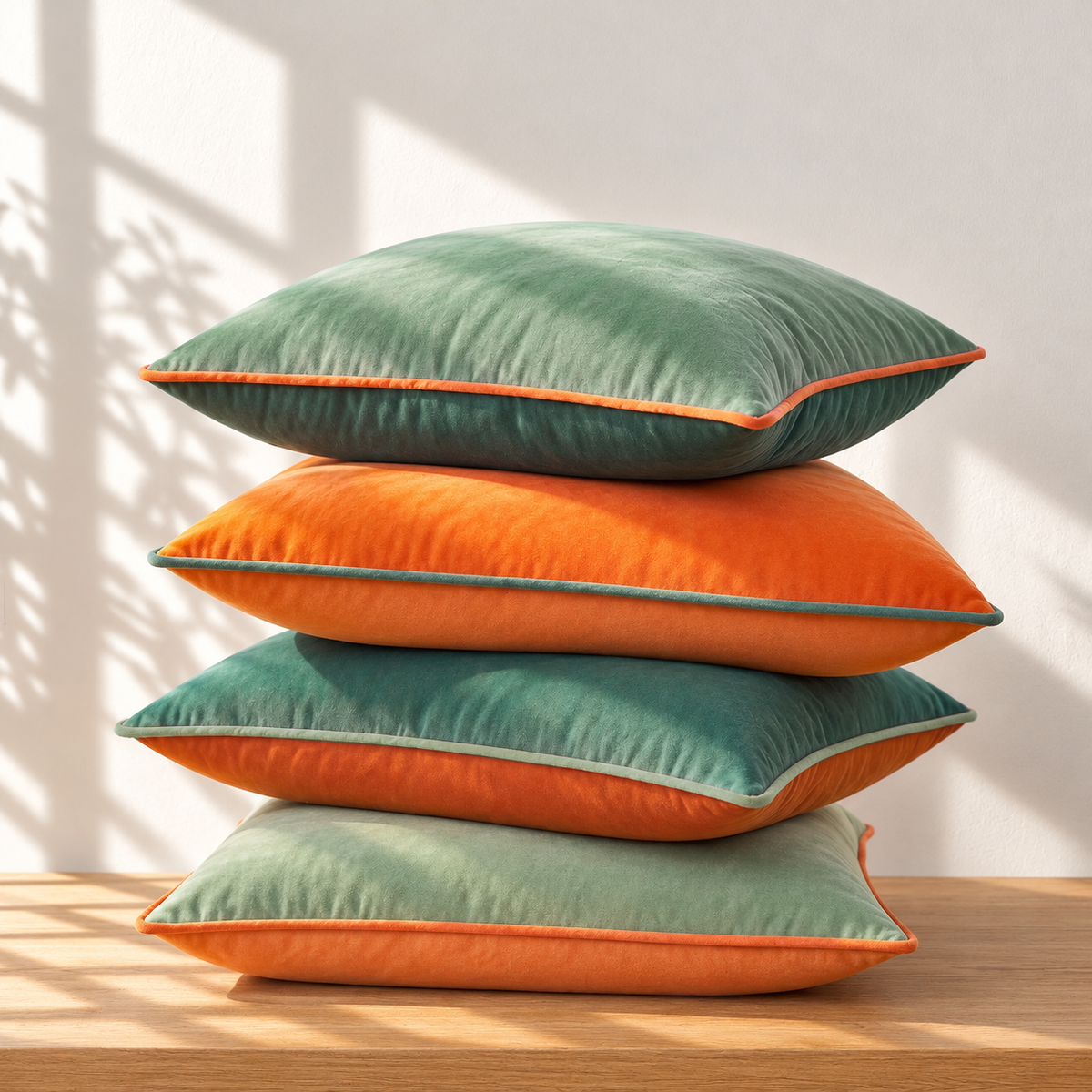 velvet piping decorative throw pillow covers coral sage green orange