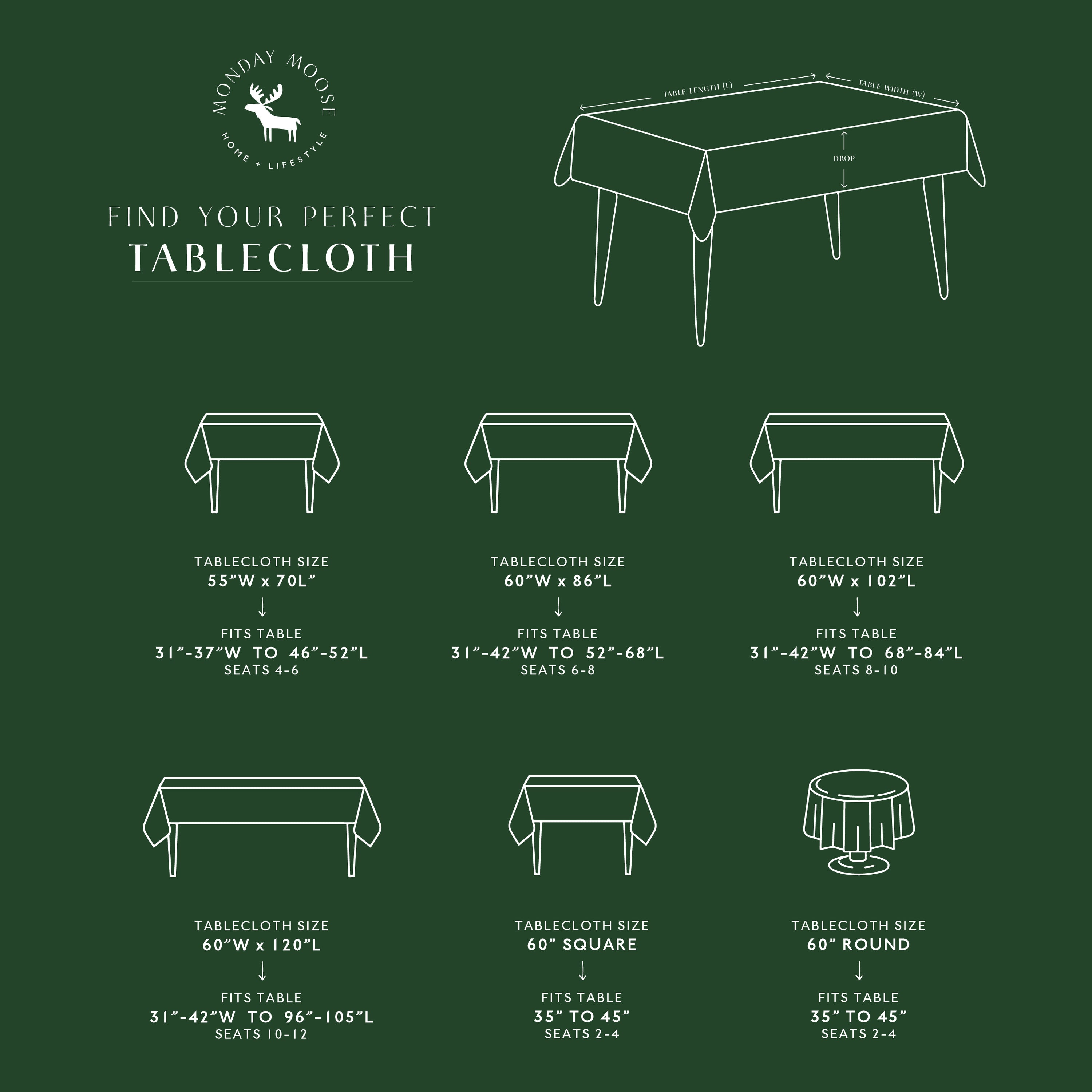 Tablecloth size chart with illustrations and dimensions on a green background