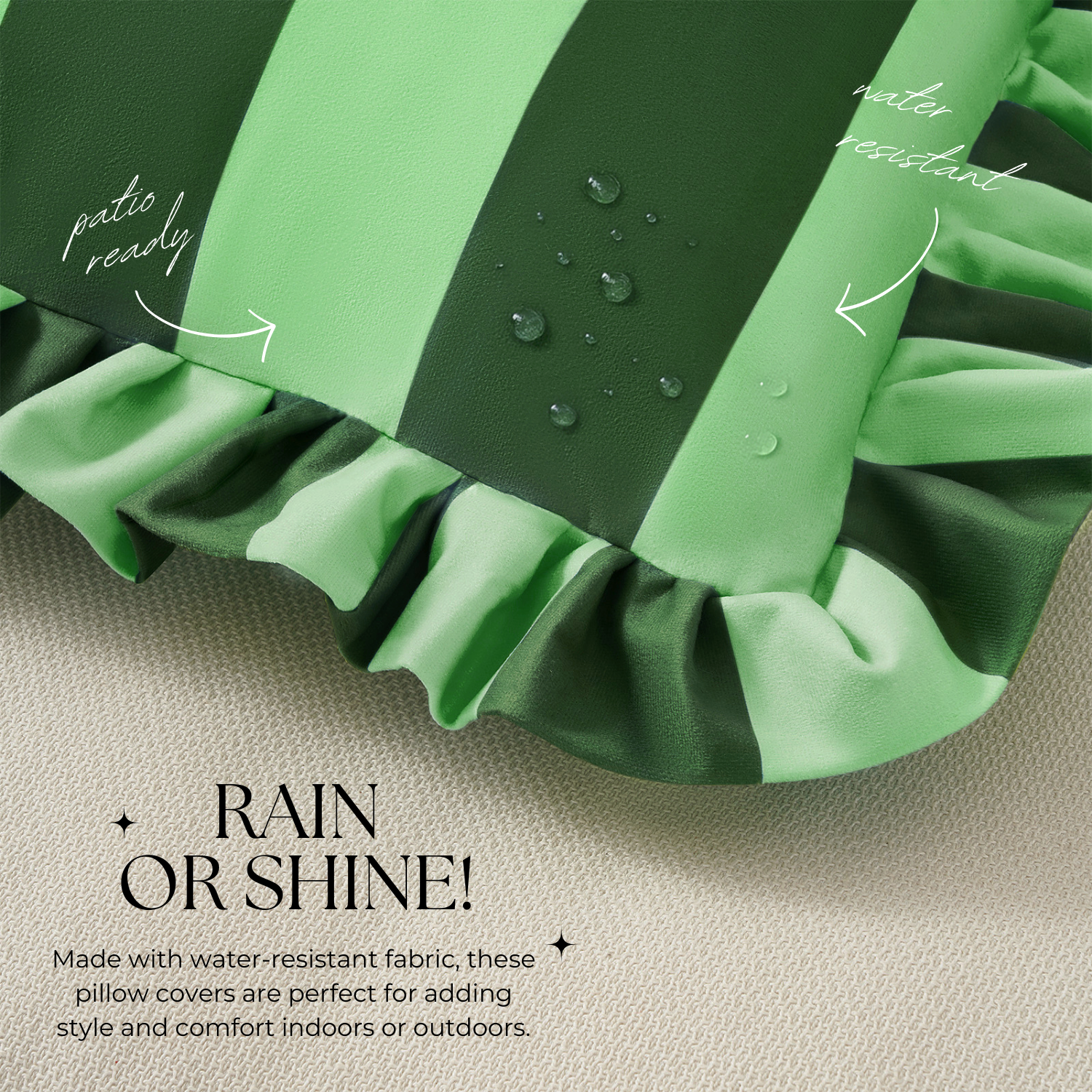 Green water-resistant pillow cover with text on a beige background