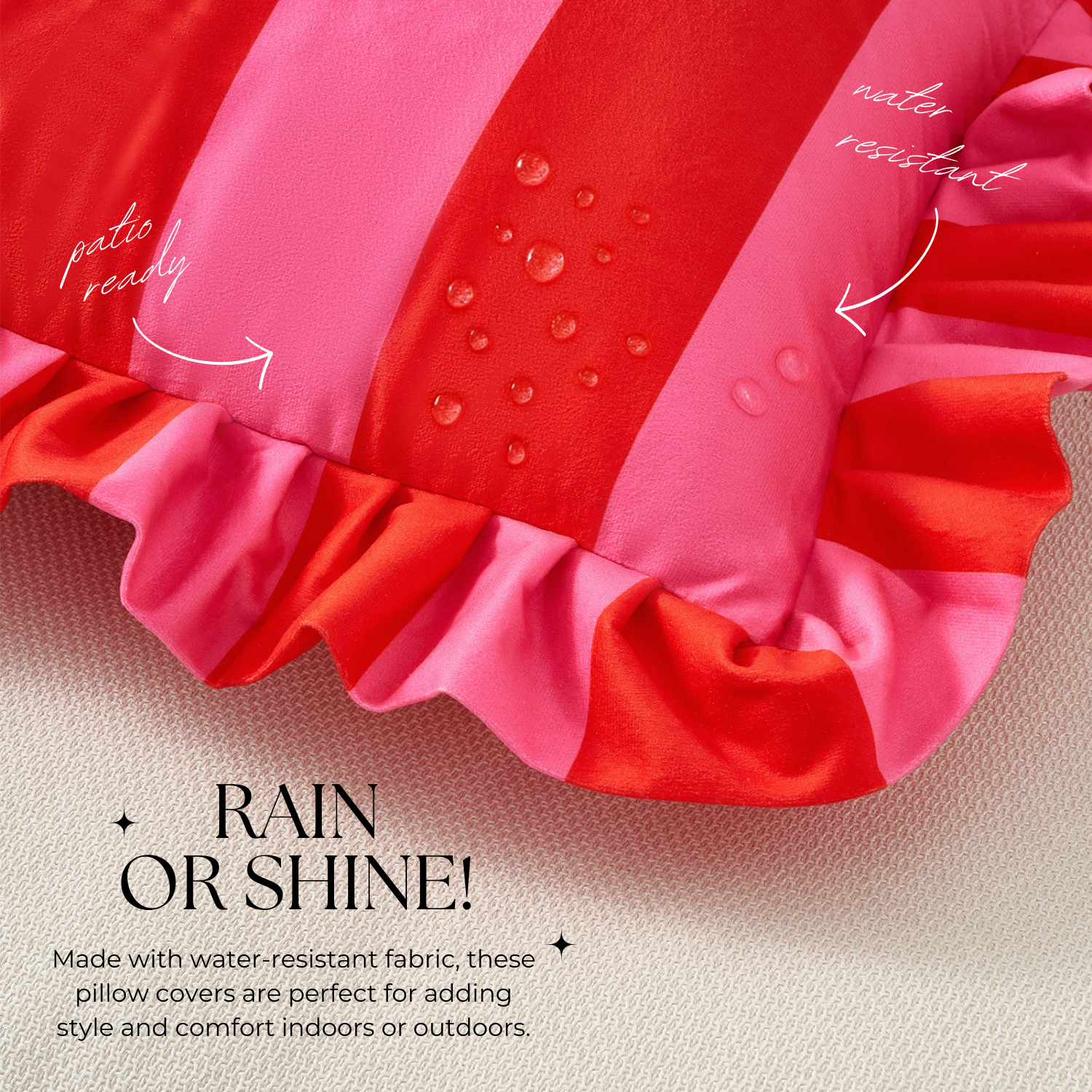 Red and pink pillow cover with water-resistant text on a beige background