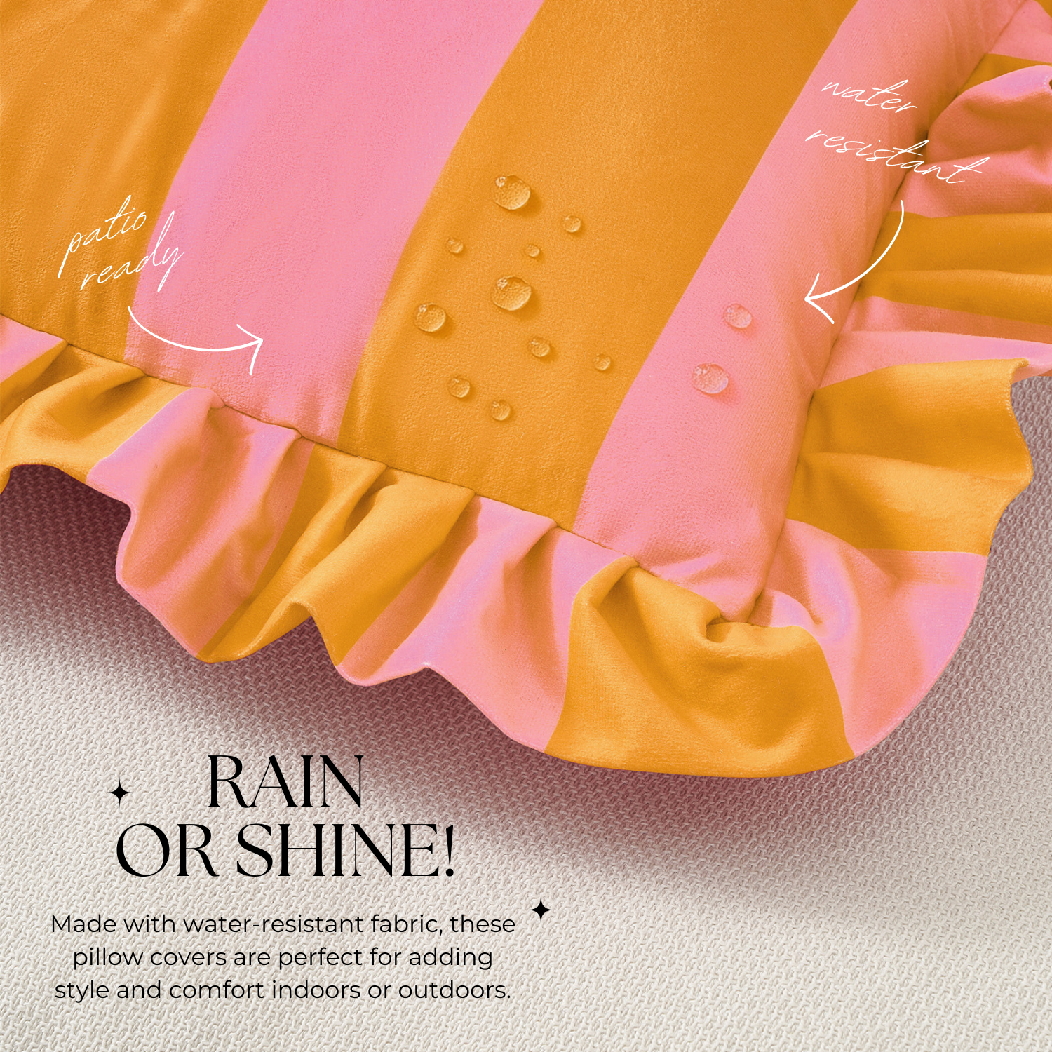 Water-resistant pink and orange pillow cover with text on a textured background