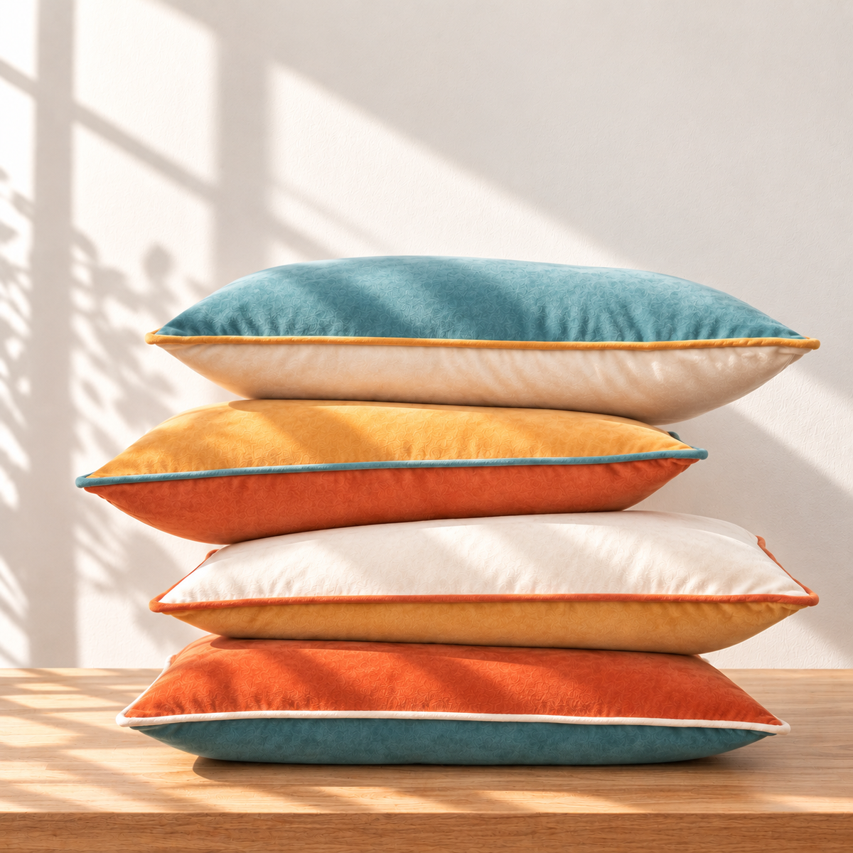 Four decorative throw pillows stacked on a wooden table against a white wall with soft window shadow light. The pillows alternate between teal blue velvet and warm cream fabric, with orange piping as a trim accent.