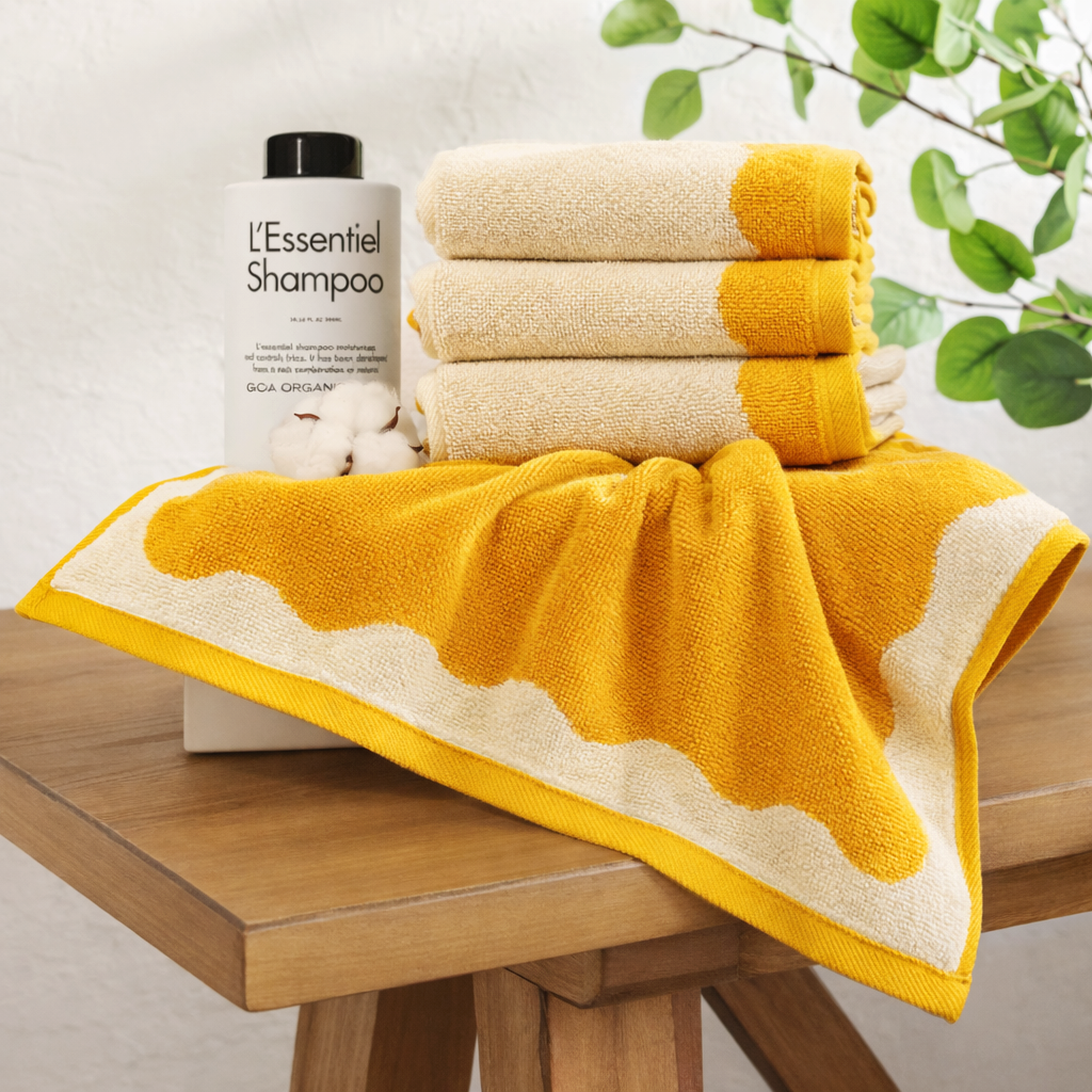 Yellow and beige towels on a wooden surface with a bottle of shampoo in the background.