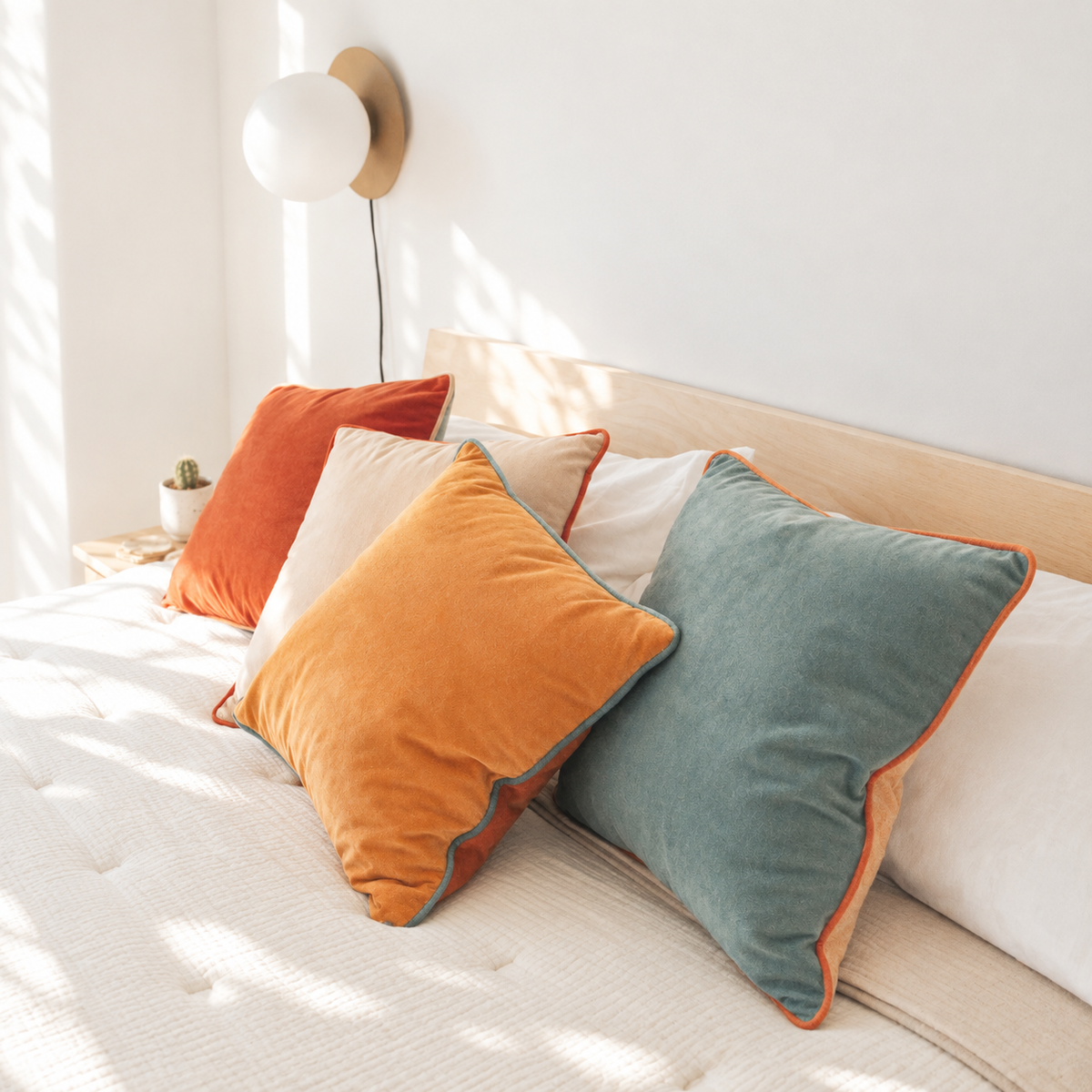 Three decorative throw pillows in rust orange, mustard yellow, and sage green velvet with orange piping, styled on a bed with white bedding and a wooden headboard in a bright bedroom.