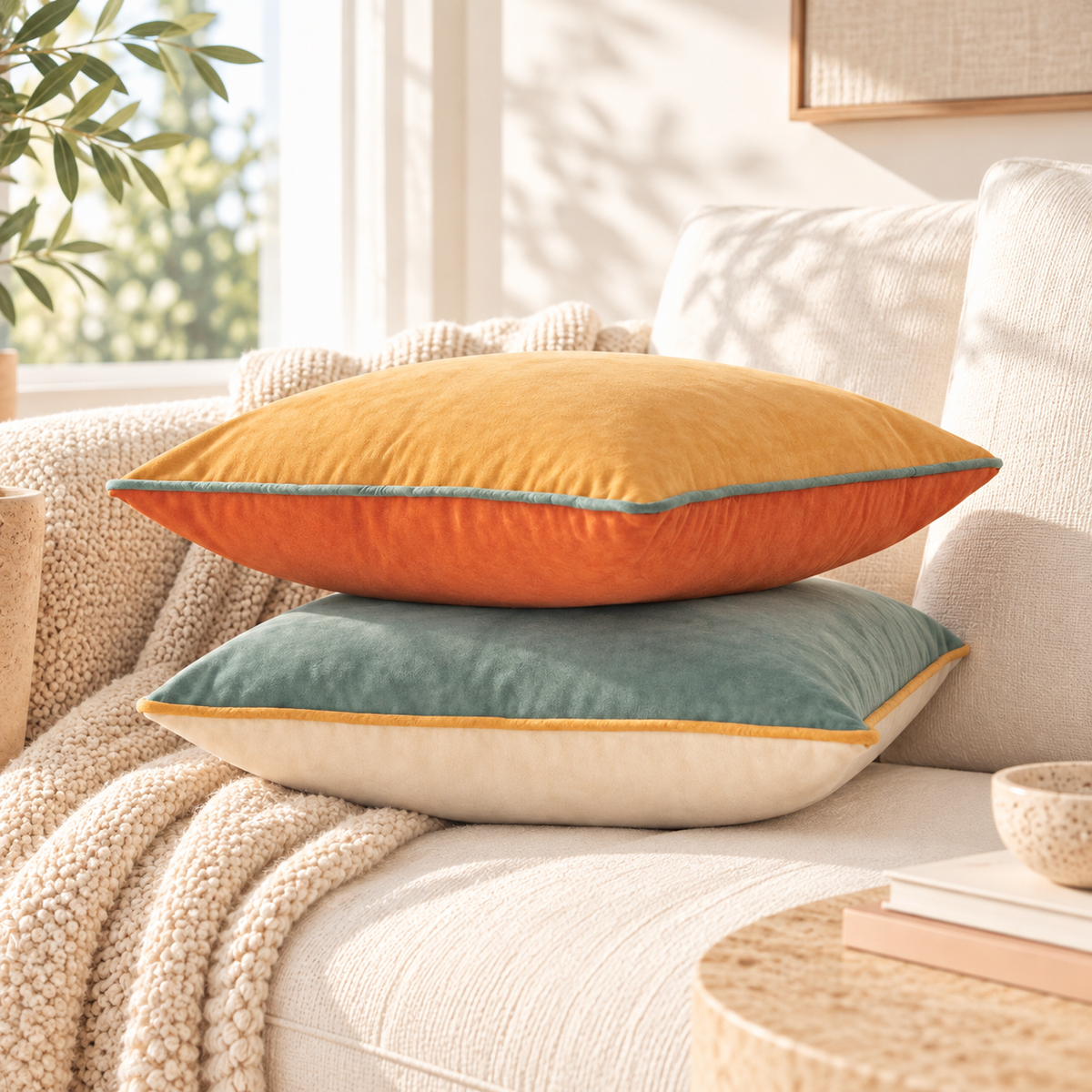 Two decorative throw pillows stacked on a cream upholstered sofa in a bright living room. The top pillow is mustard yellow velvet with a teal edge, and the bottom pillow is teal velvet with a mustard yellow edge and a cream underside.