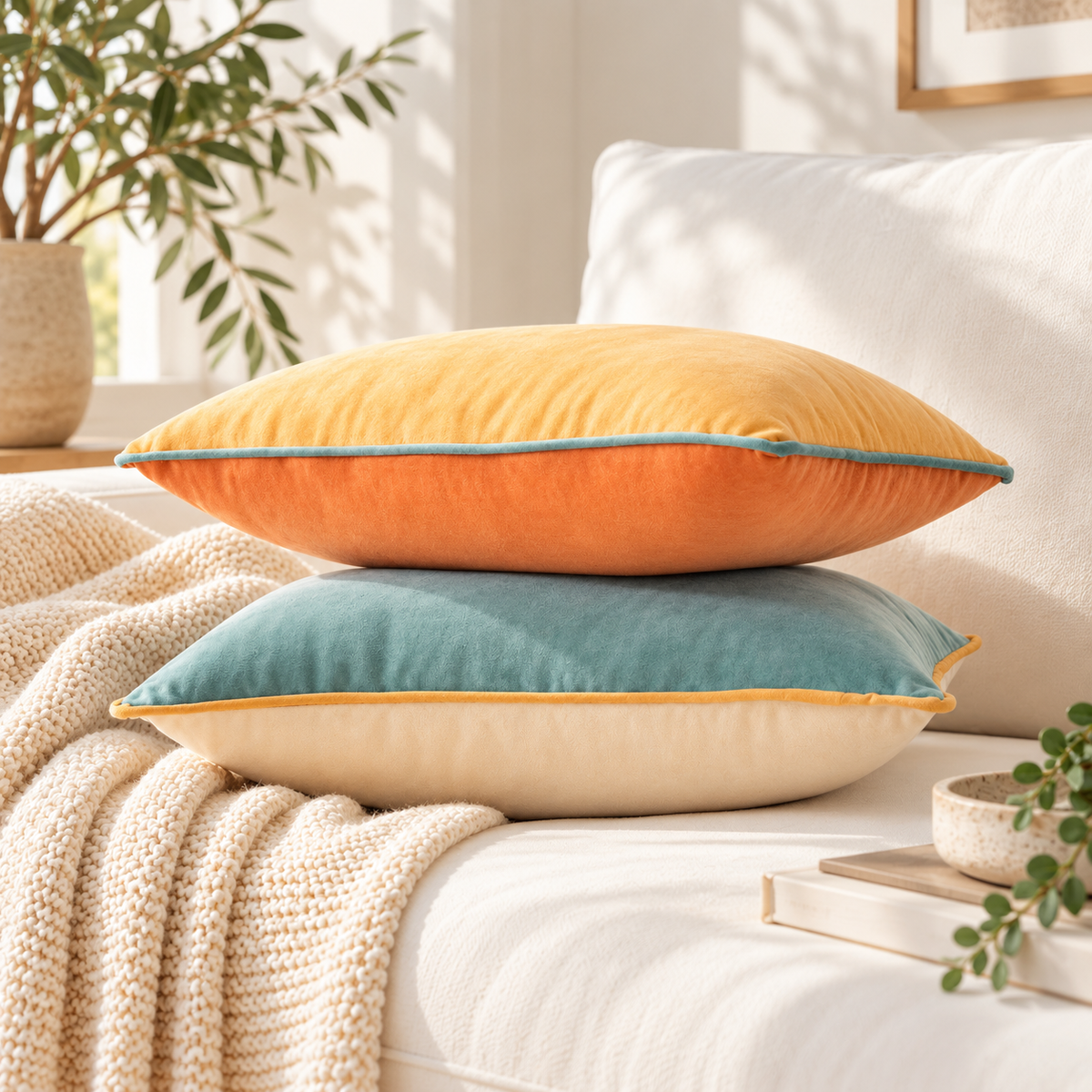 Two decorative throw pillows stacked on a white sofa in a bright, sunlit living room. The top pillow is mustard yellow with a teal edge, and the bottom pillow is teal with a cream underside and a yellow edge.